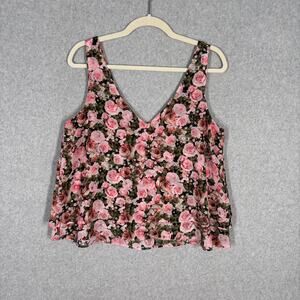 Tiered Tank Top Medium Pink Roses Blouse Coquette 90s Feminine Flowy Crop Cami